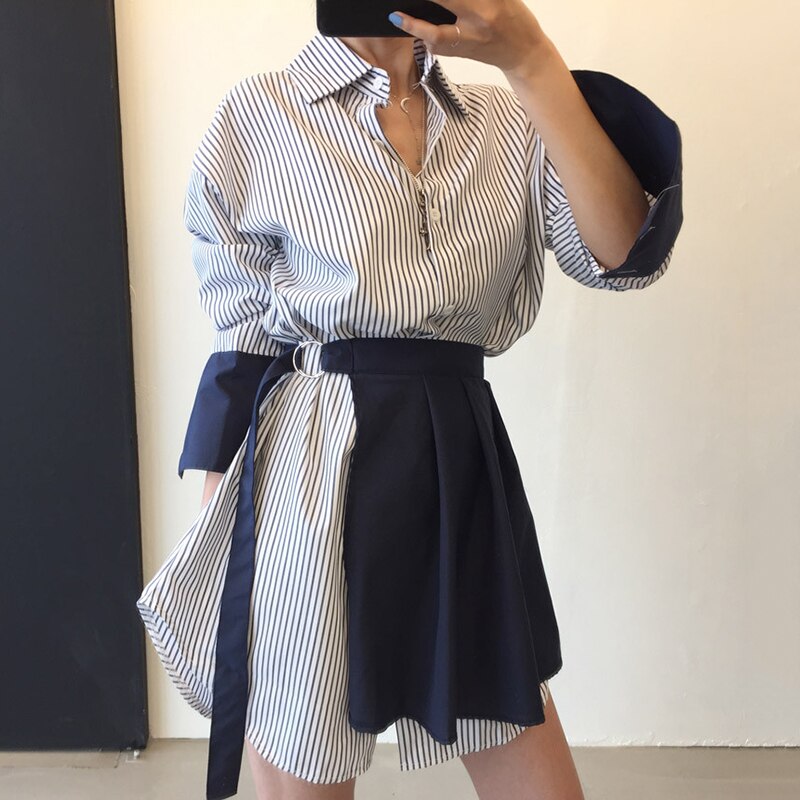 Superaen koreaanse stijl turn-down kraag enkelrijs losse contrasterende kleur volle blouse gestreepte jurken dames