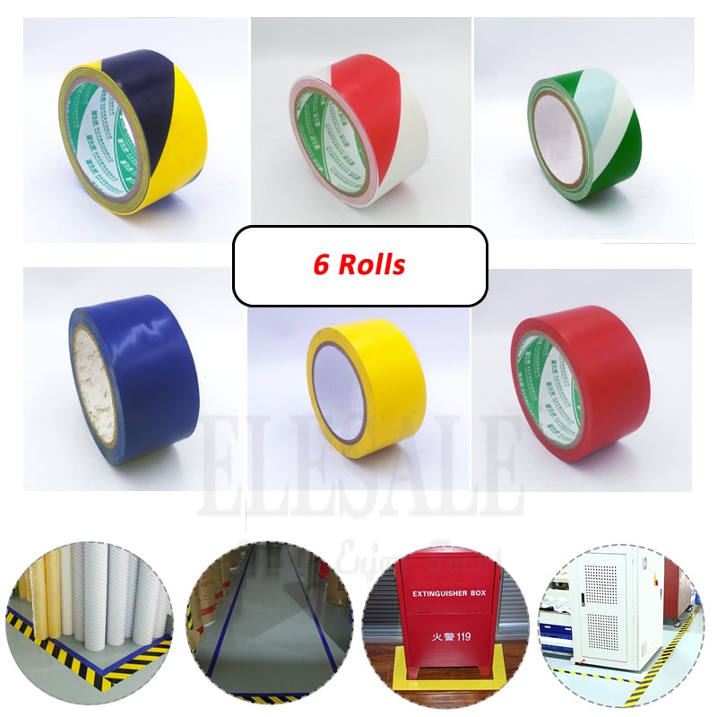 6 Rolls 48mm*18m Waterproof PVC Caution Warning Tape Barrier Safety Tapes For Warehouse Factory School Office Traffic Guide