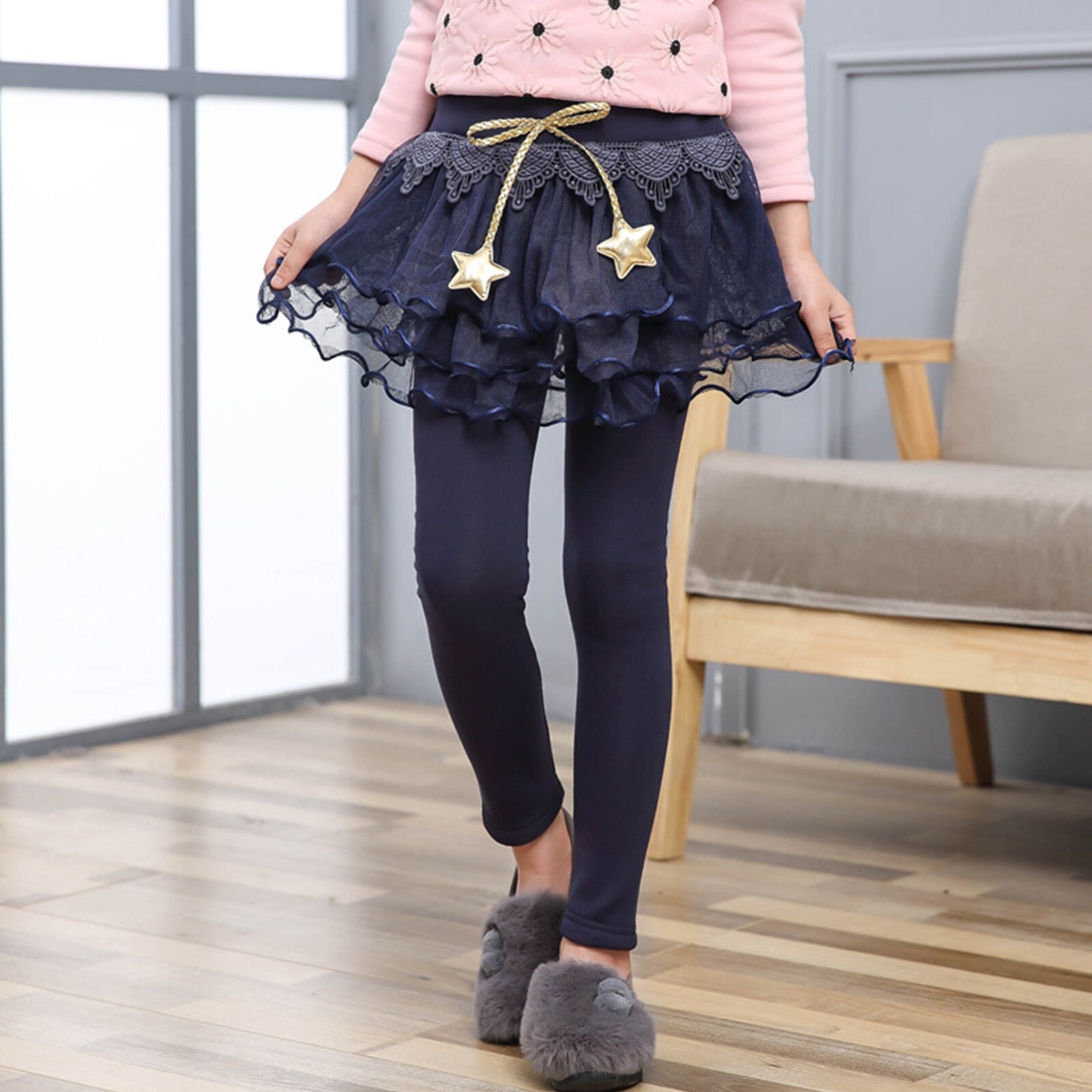Pantaloni per bambini Leggings per ragazze con gonna Tutu in maglia a strati autunno inverno abbigliamento per bambini Leggings in cotone stelle gonna ornata-pantaloni