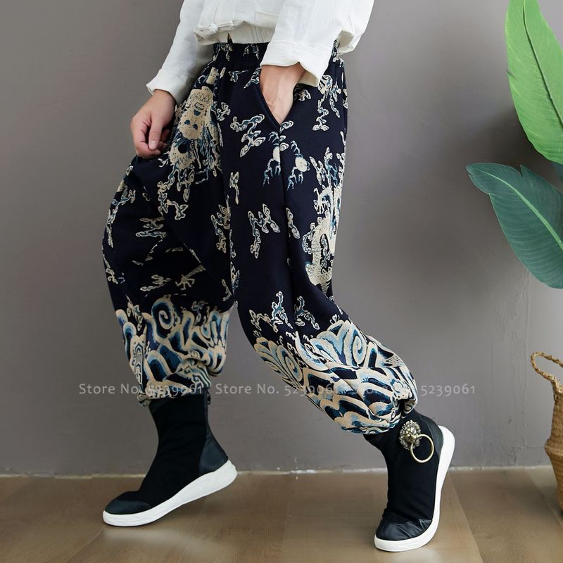 Hanfu-traje chino tradicional Tang para hombre, pantalones de dibujo de dragón de pierna ancha, pantalones holgados informales de algodón coreano, Kimono de estilo japonés