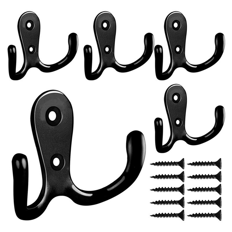 Double Prong Robe Hook With Screws, Dual Coat Hooks Wall Mounted Hanging Clothes For Bathroom Bedroom Door Wall: black