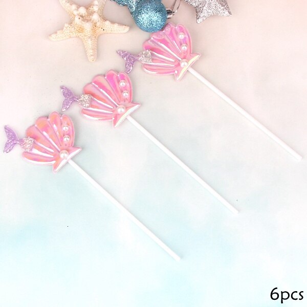 1Pack Mermaid Tail Zeester Shell Cake Toppers Cake Wrappers Voor Meisje Verjaardagsfeestje Taart Decoratie Kids Mermaid Party decor: 6PCS Type F Pink