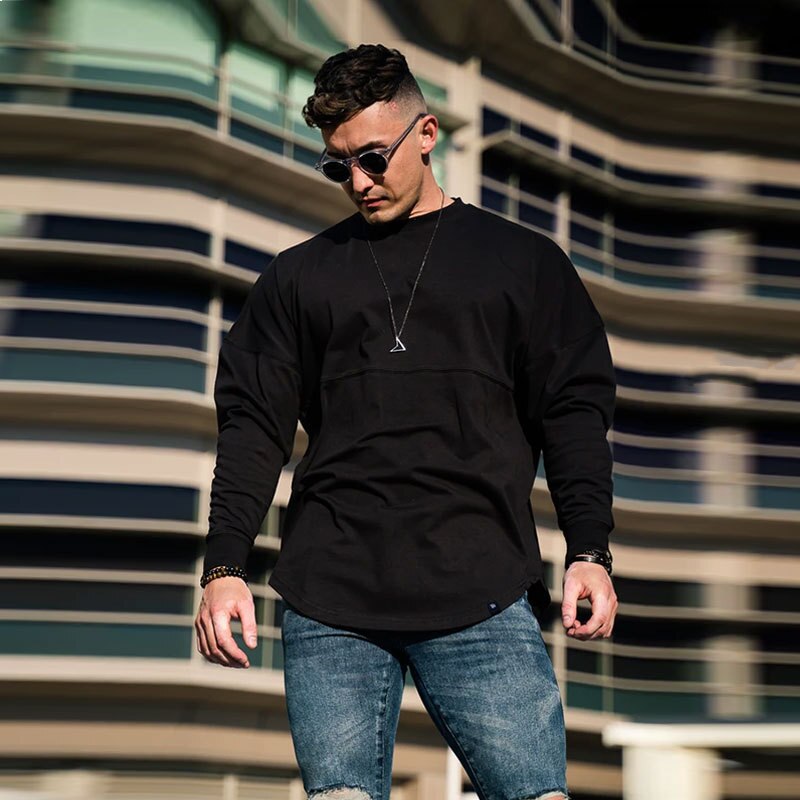Fitness t-shirt herre løst sportstøj langærmet træningsdragt plus størrelse afslappet rundhalset sweater viser muskler træningsskjorter