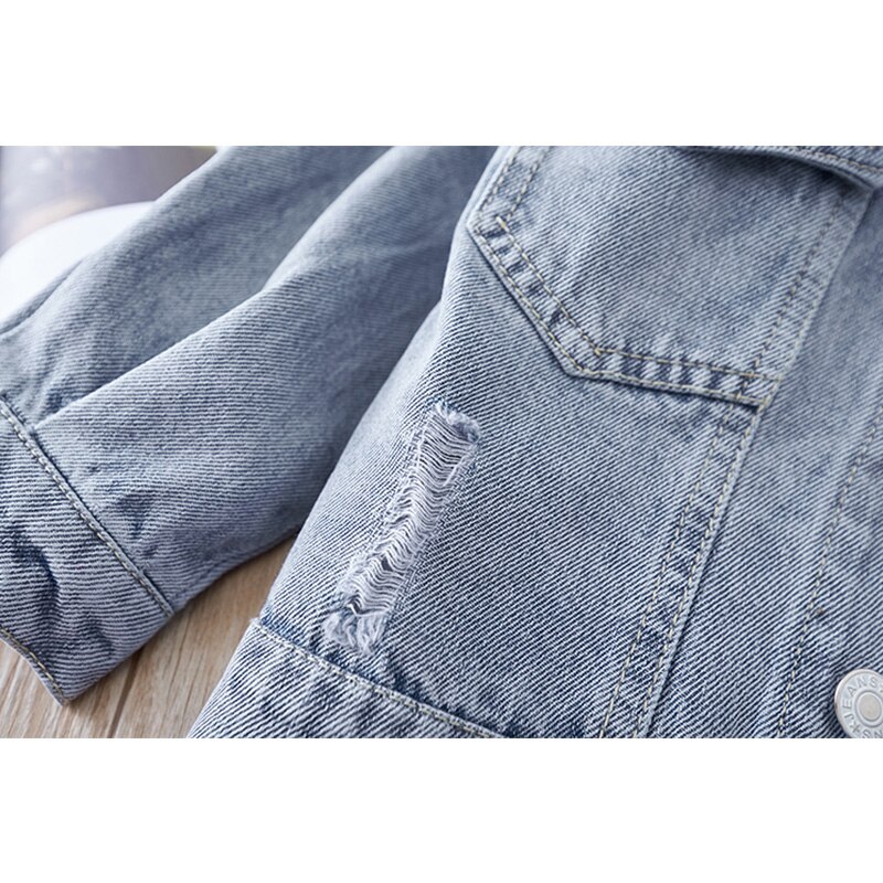 Applicazioni floreali di Modo Giubbotti jeans per Le ragazze 2020 nuova Primavera Autunno Cappotto Giacca di jeans Strappato Foro Bowknot Del Nastro per Bambini Outwear