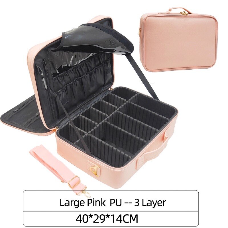 Leather Clapboard Cosmetic Bag Make Up Box Large Capacity Storage Handbag Travel Insert Toiletry Makeup suitcase: Large Pink PU 3layer