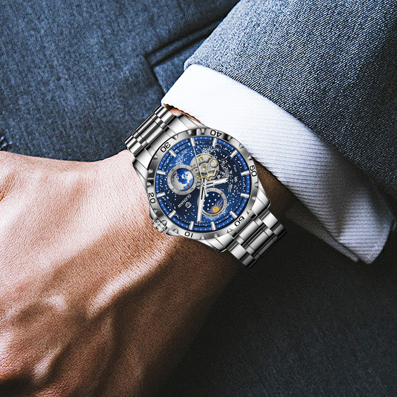 GLENAW Rotierende Erde Doppel Sekundenzeiger Armbanduhr Männer Automatische Mechanische Uhr Sternenhimmel Edelstahl Leder Armband