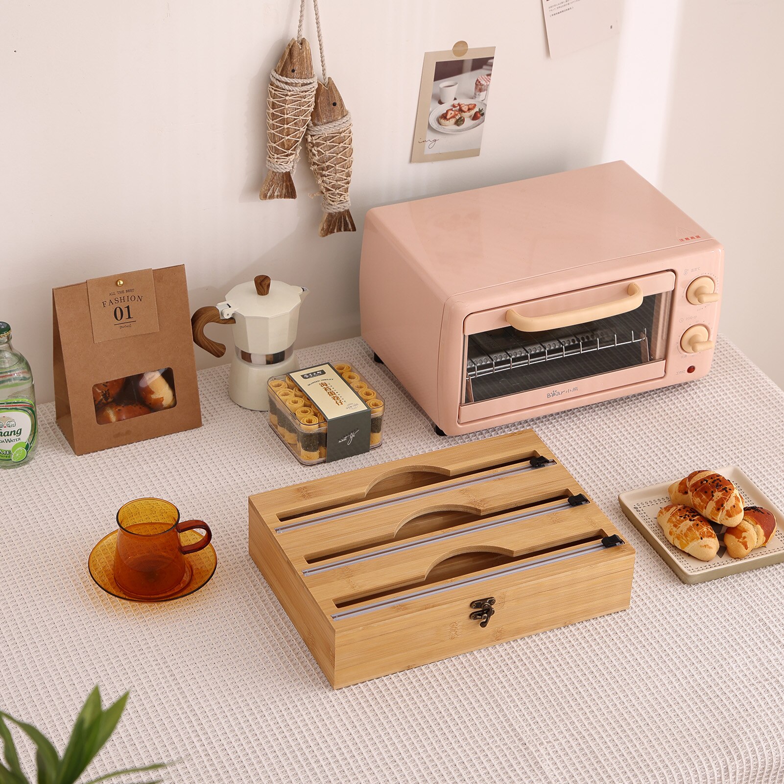 Kitchen Cling Film Holder Refillable Food Wrap Dispenser Tin Foil Storage Roll Cling Film Organizer With Slid Cutter