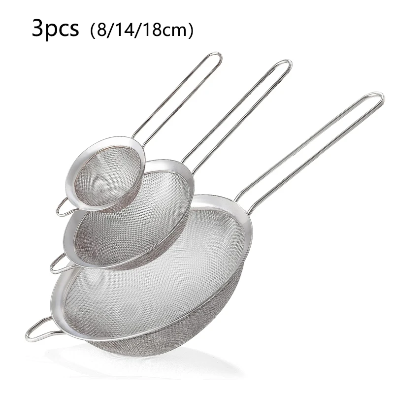 1/3/4 stks/set Roestvrij Staaldraad Fijnmazige Olie Zeef Meel Vergiet Zeef Zeef Gebak Bakken gereedschap Keuken Accessoires: Zilver