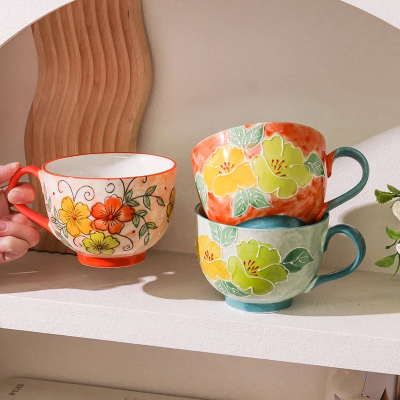 Tasse en céramique de 500ml, bol de petit déjeuner glyptique fait à la main, tasse d'eau de grande capacité pour le bureau, tasse à café en porcelaine pour le thé de l'après-midi