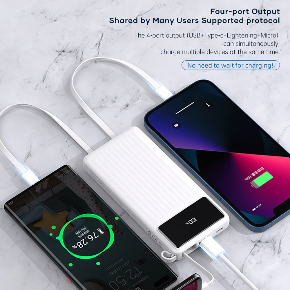 Rock 4 In 1 Power Bank 20000Mah Ingebouwde Kabel Powerbank Draagbare Snelle Opladen Type C Pd Poverbank Externe batterij Oplader