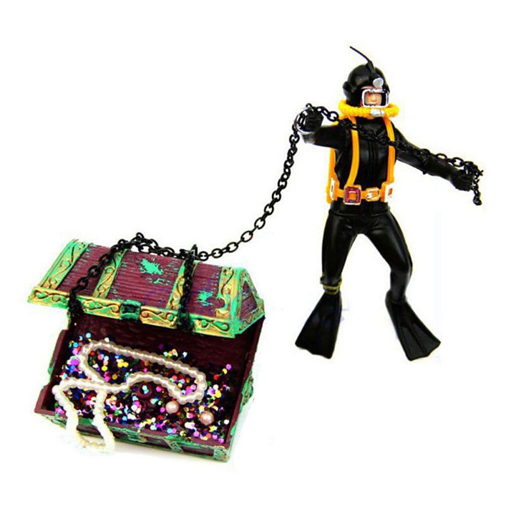 Aquarium Floating Diver Ornament Aquarium Decoration with Moving Treasure Chest Floating Diver Bubble Action
