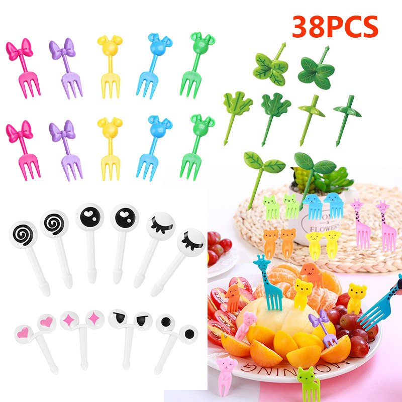 34/38pcs Animal Farm Fruit Fork Mini Cartoon Children Fruit Decor Stick Fruit Pick Toothpick Lunches Party Decor Random Color: 38pcs