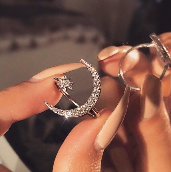 Moon Star Dazzling Open Finger Rings For Women Wedding Engagement Zircon Paved Trendy Charm Jewelry