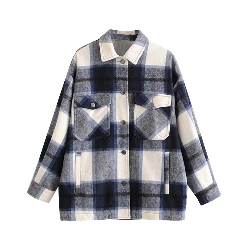 Vadim women oversized plaid jacket long sleeve pockets loose style coats female office wear casual basic tops CA624: blue plaid / XS