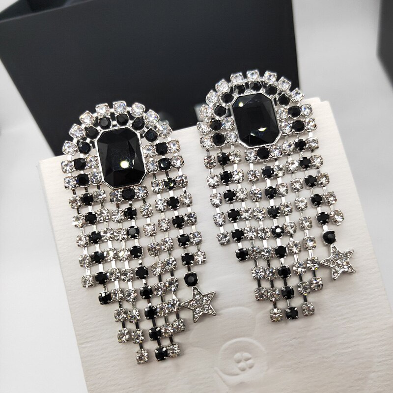 Brand Big Jewelry Tassel Star Flower Clip Earrings Black Crystal Earrings Tassel Star Wedding Party Clip Earrings