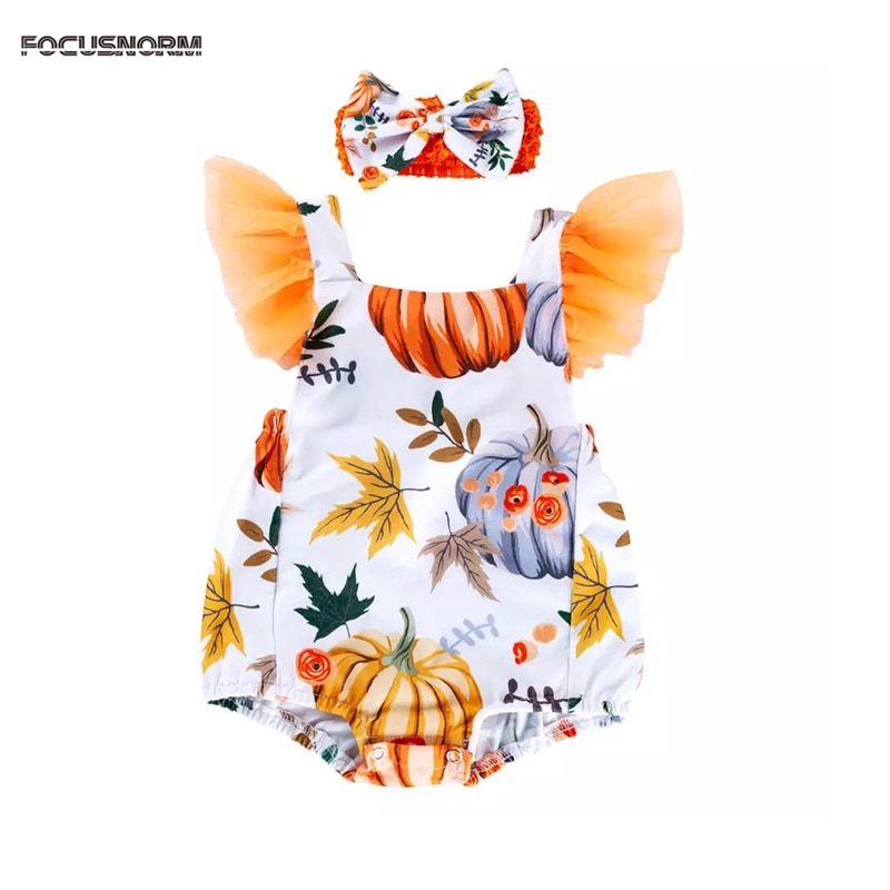 FOCUSNORM Halloween 0-24M monos para bebés y niñas con dibujo de calabaza con mangas con volantes trajes