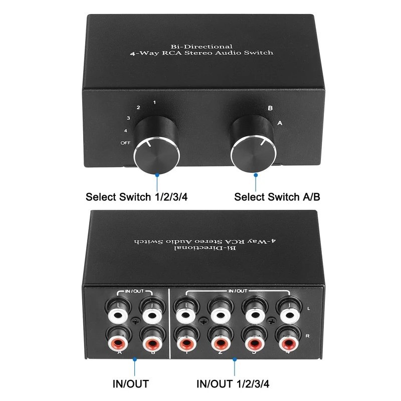 4-Wege-RCA-Stereo-Audio-Schalter bidirektional 4 in 2 out/2 in 4 out r/l-Umschalter RCA-Verteiler Hub-Signal wahlschalter