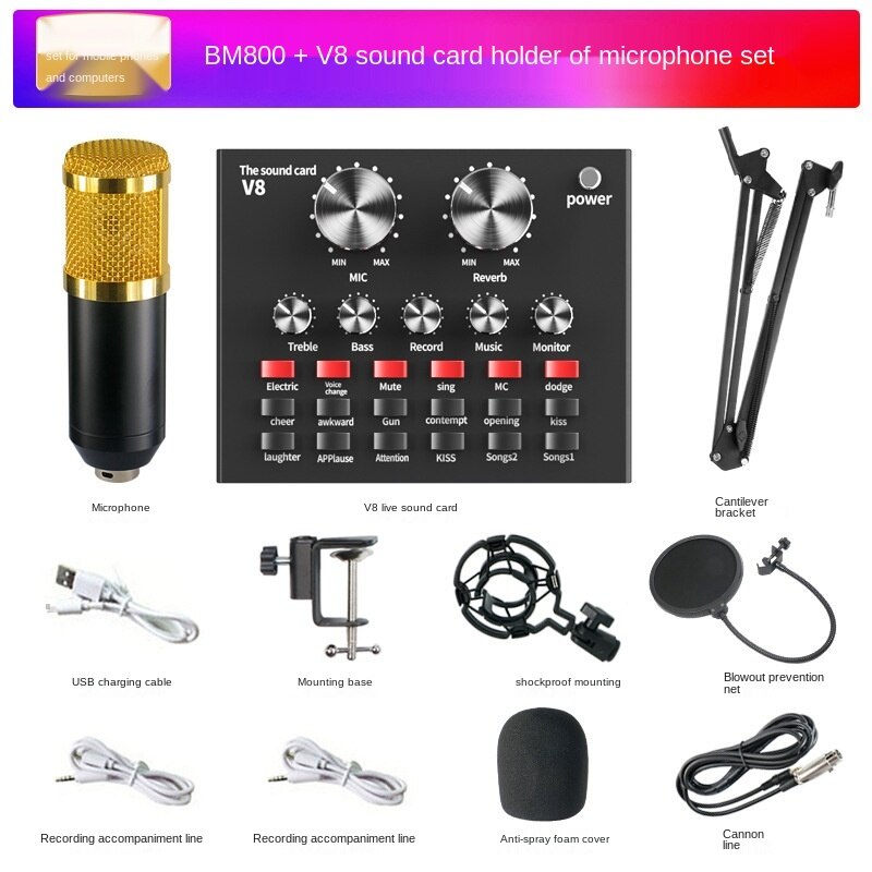 Bm 800 Studio Condenser Microphone V8 Sound Card Karaoke Bluetooth Speaker with Microphone Stand Condenser USB MIC