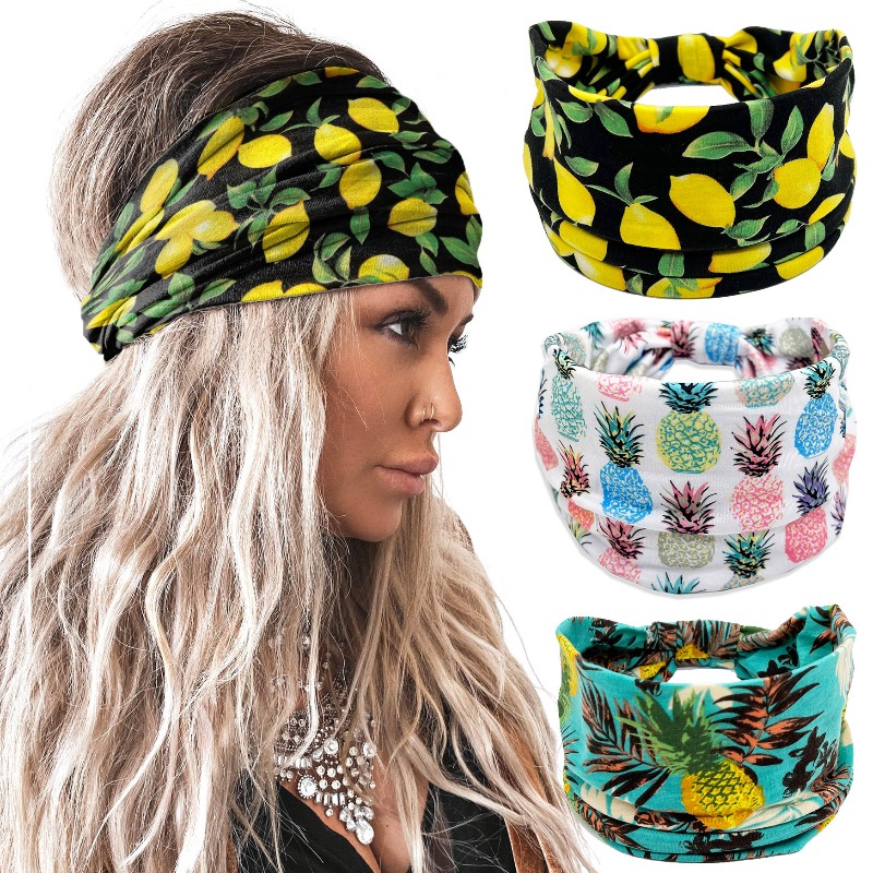 Frugtprint brede hovedbind til kvinder boho knudrede elastiske strandhårbånd til piger hårtilbehør turban bandage