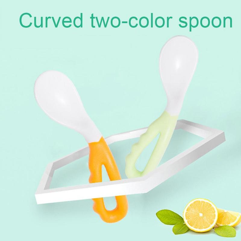 Child Feeding Spoon Curved Two-color Soup Newborn Tableware Baby Training Spoon Double Pack 71840