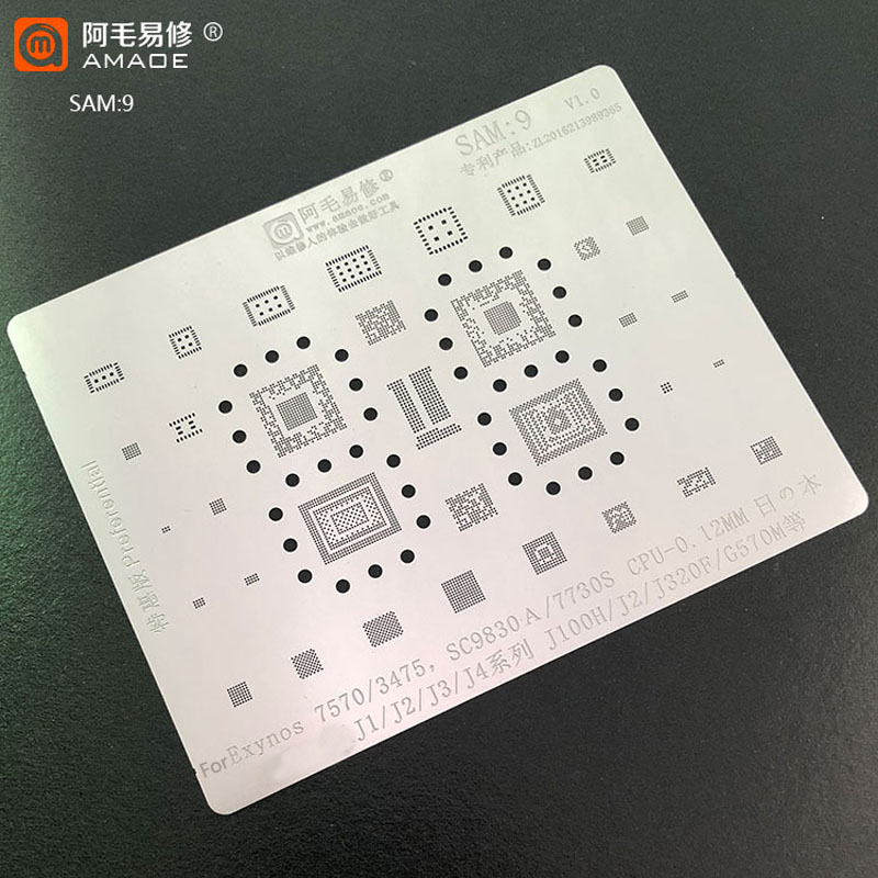 Amaoe SAM9 BGA Reballing Stencil voor Samsung J1/J2/J3/J4 Serie/J100H/J320F/ g570M voor Exynos 7570/3475/SC9830A/7730S CPU Power