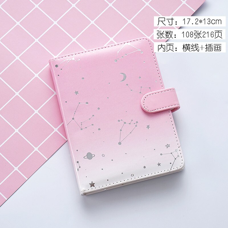 Cute Kawaii Coloring Page Notebook A6 PU Leather constellation Diary Horizontal Line School Office Stationery Supplies: Pink