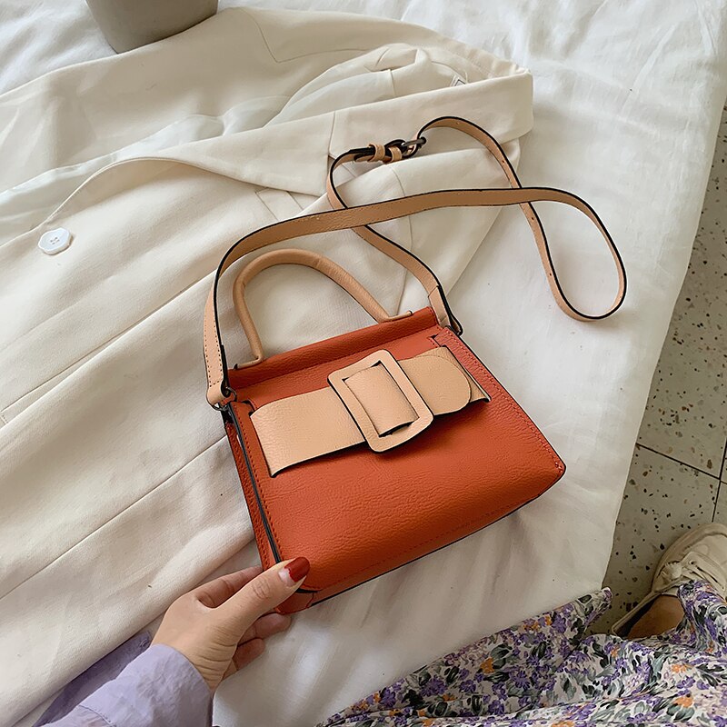 Mini sac fourre-tout en couleurs contrastées pour femmes, sacoche à bandoulière pour voyage, en cuir PU de bonne ,: 19 CM Orange