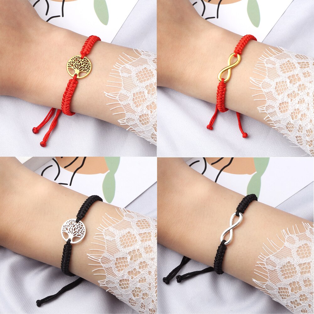 2 pçs/set vermelho preto vida árvore fio pulseira masculino tecido trançado ajustável tibetano budista pulseira feminino amante jóias presente