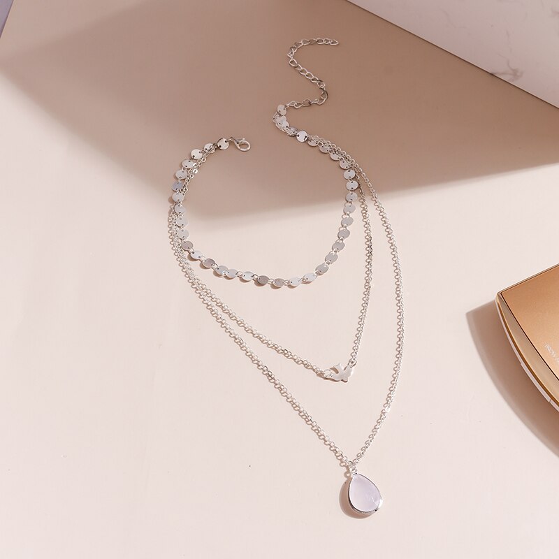 Multilayer Water Hangers Kettingen Voor Vrouwen Vrouwelijke Shine Pailletten Choker Kettingen Meisjes Collares Sieraden: Silver Color