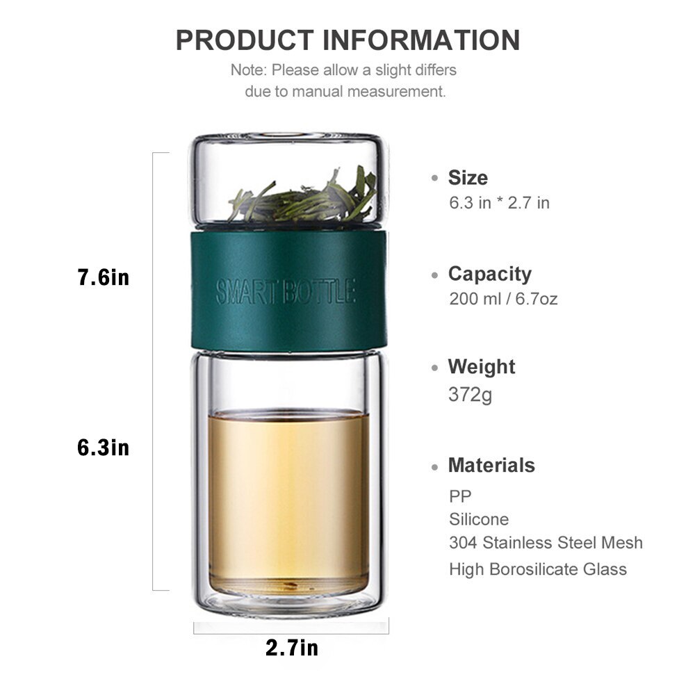 200ml glass vannflaske med posere høy borosilikat dobbelt te vannflaske infusjonstumbler drinkware smarte flasker te filter