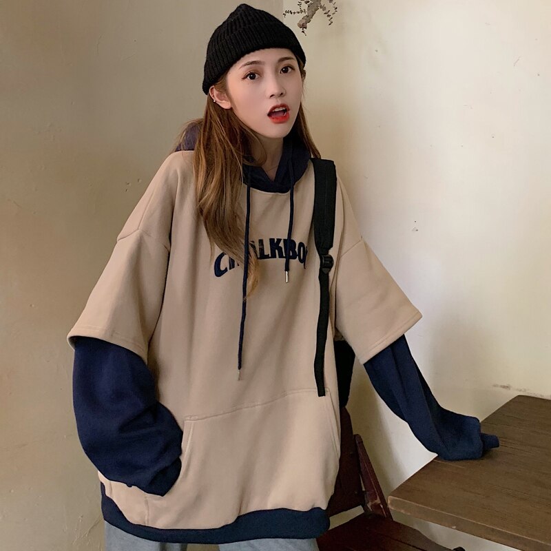 Hoodies Women Aesthetic Thicker Korean BF Ulzzang Embroidery Letter Long Loose Pullovers Hooded Warm Students Daily Womens