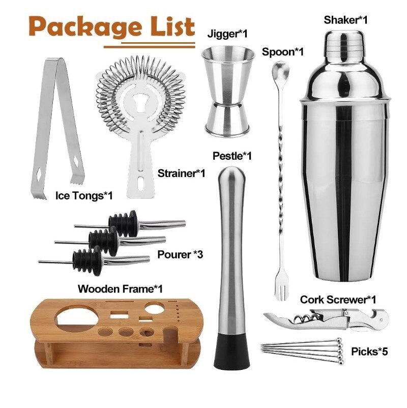 Premium Cocktail Shaker Bartender Kit With Natural Bamboo Stand Cocktail Shaker Set With Highest Bar Tools