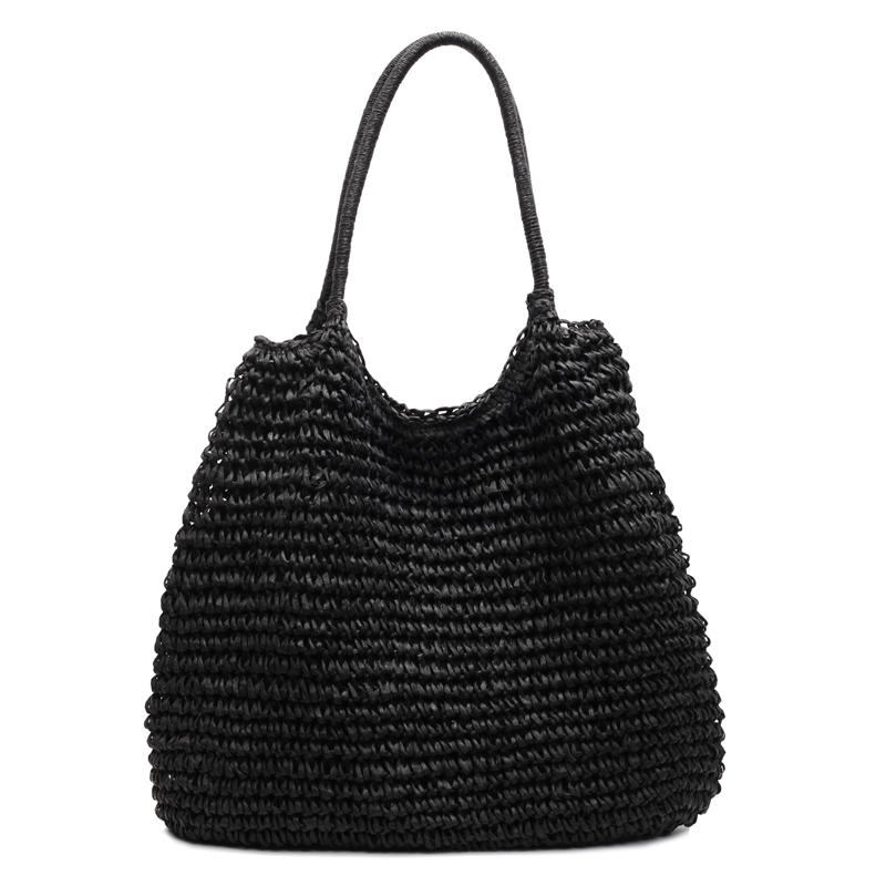Bolsos de hombro de tela lisa de gran capacidad, bolsos de playa calados para mujer, bolsos de mujer a la venta 2025, bolsos de mujer sólidos con cremallera a la: Negro