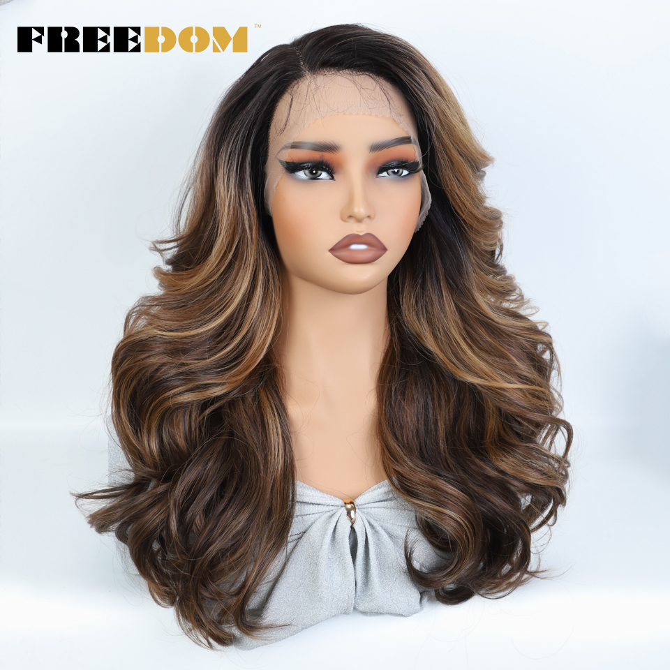 Pelucas delanteras de encaje sintético FREEDOM para mujeres negras, peluca de encaje ondulado de 22 pulgadas, pelucas rubias marrón Chocolate ombré, peluca de Cosplay