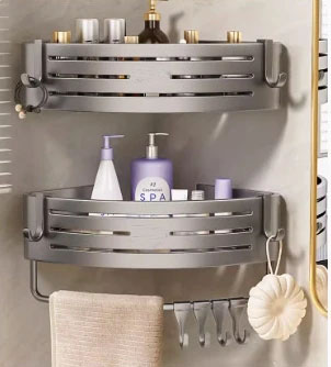 Estante esquinero para baño sin taladro, estantes esquineros para ducha montados en la pared con gancho, barra de toalla, estante organizador de baño de aluminio espacial: Gris oscuro