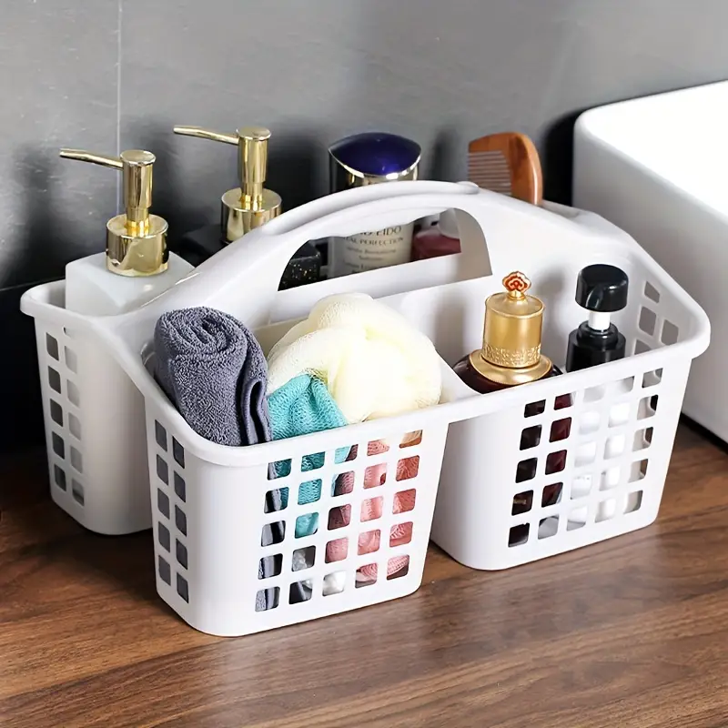 Cesta de plástico para ducha con compartimentos, organizador de almacenamiento de suministros de limpieza dividido portátil con asa para dormitorio y baño: Rojo