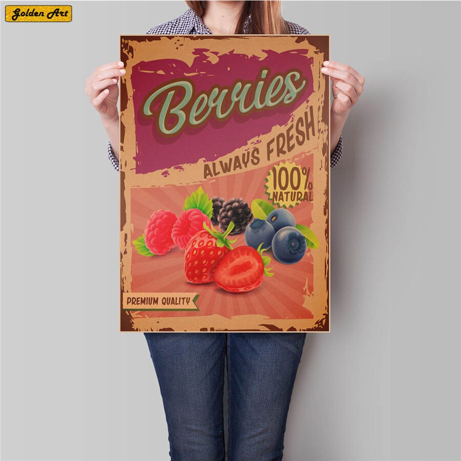 Hedelmä ruoka piirustus vintage voimapaperi juliste baari kahvila seinätarra taidemaalaus retrotaide maaliprintti kuva 45.5 x 31.5cm: Kulta-