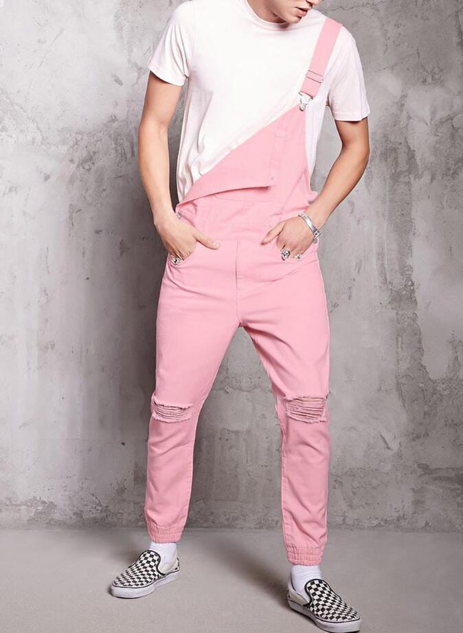 Män hålficka jeans overall jumpsuit streetwear hängselbyxor rosa söta pojke joggingbyxor plus size man pantalon homme  w987