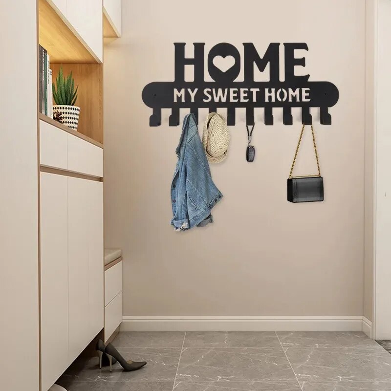 Black Metal Keychain Hook, Sweet Home Wall Hanging for Front Door Kitchen Bedroom Home Decor Metal Artwork
