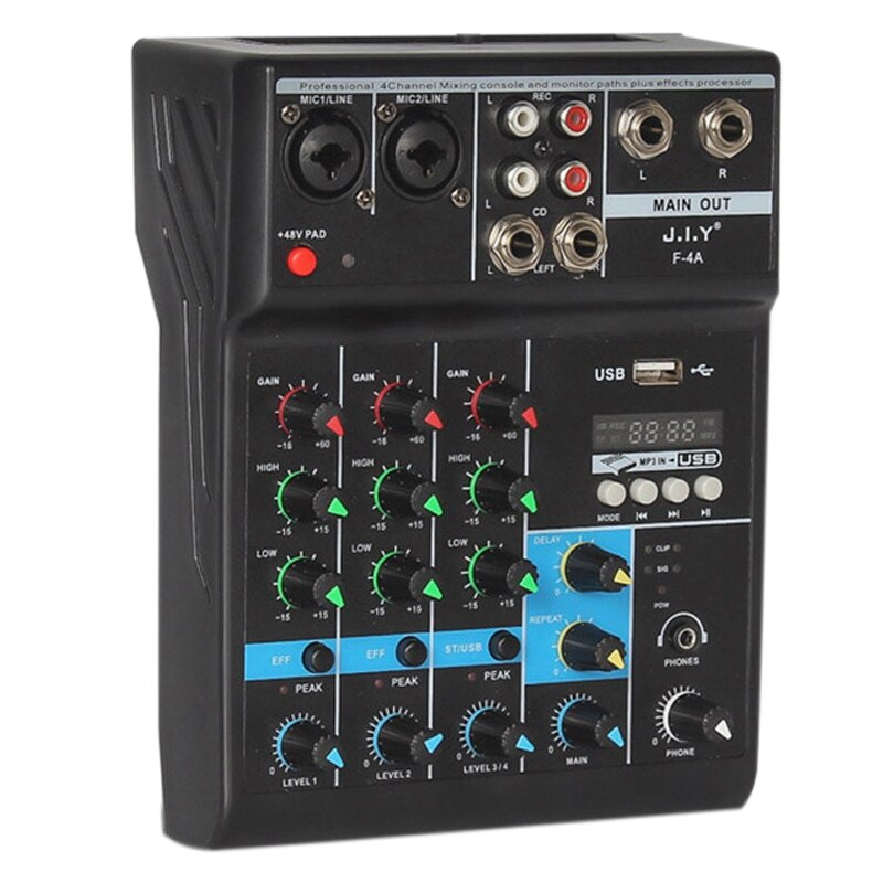 4 Channel Bluetooth Mixer - Audio Mixing Console with Reverb - USB Live Stage KTV Karaoke