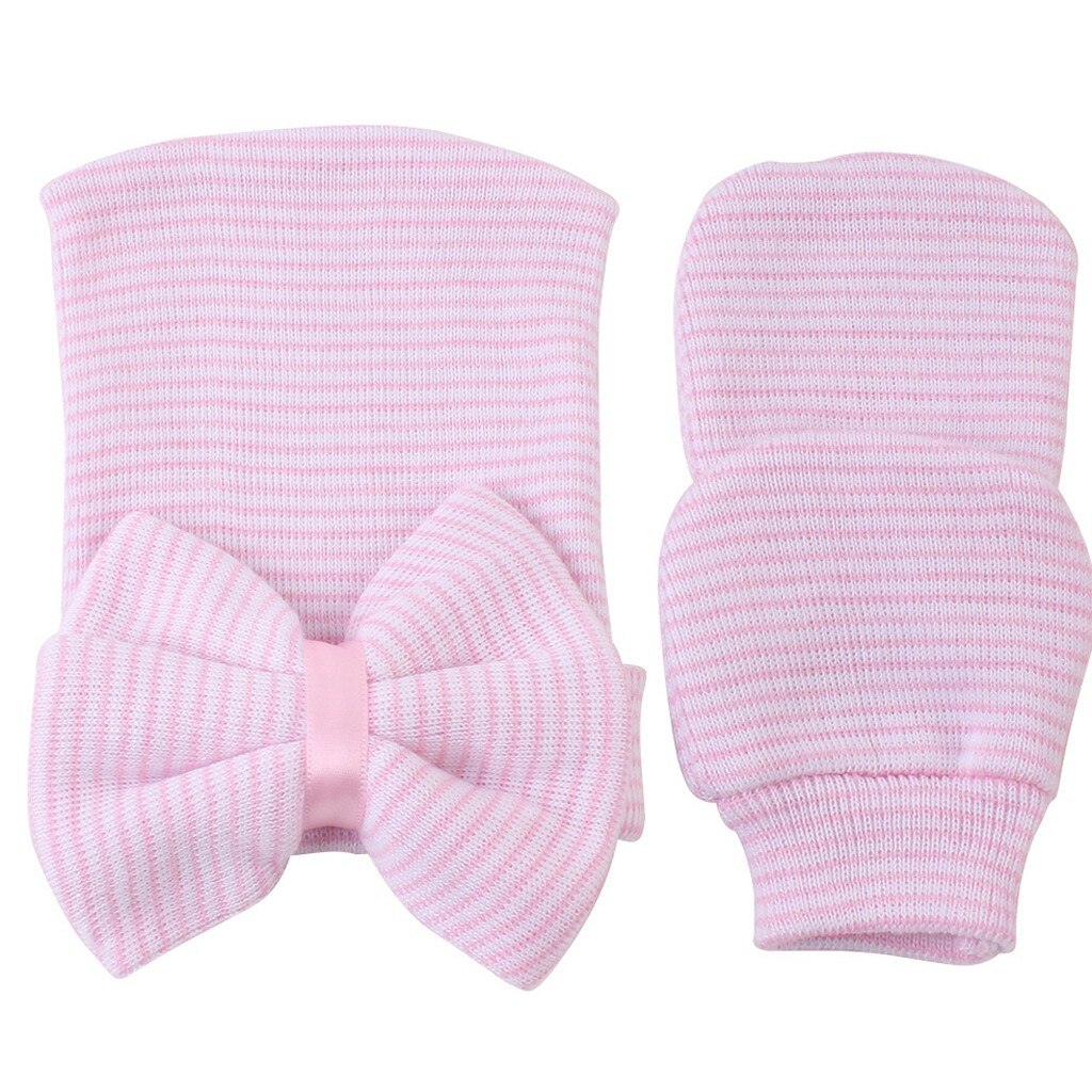 2pcs Boys Winter Hat Glove Newborn Bowknot Stripe Hat Baby Cotton Blend Beanies With 1pair Safety Gloves Теплая Шапка На Девочку: B
