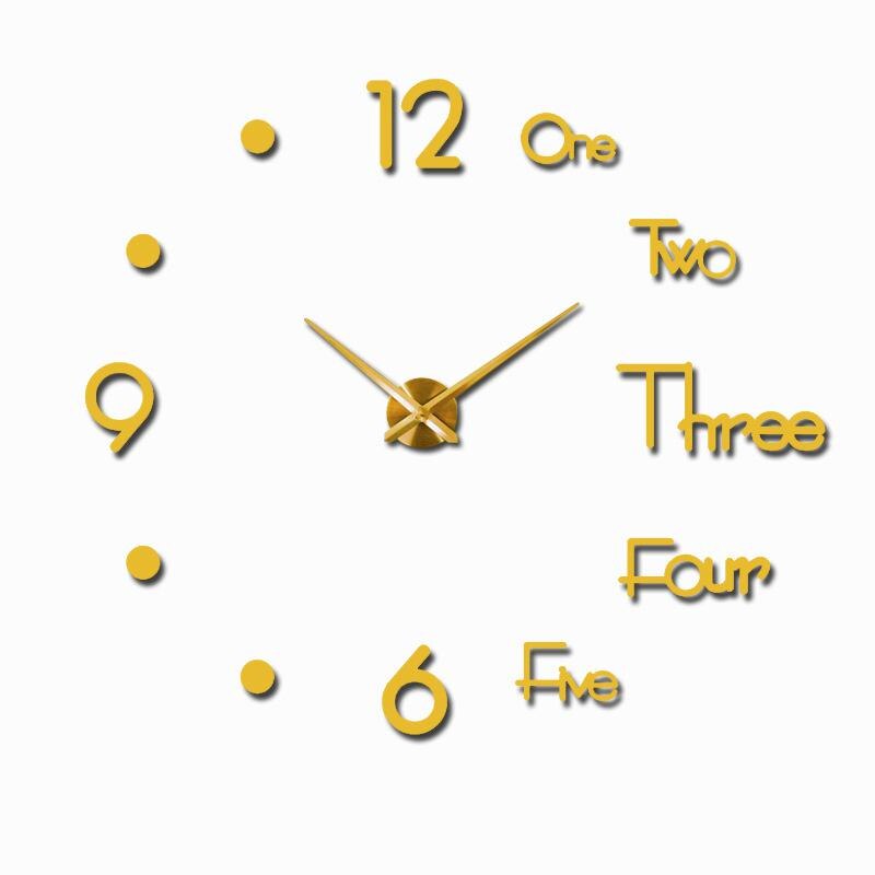 3D DIY Large Wall Clock Modern Silent Wall Sticker Clock Acrylic Mirror Self adhesive Wall Clocks Living Room Home Decor: Gold