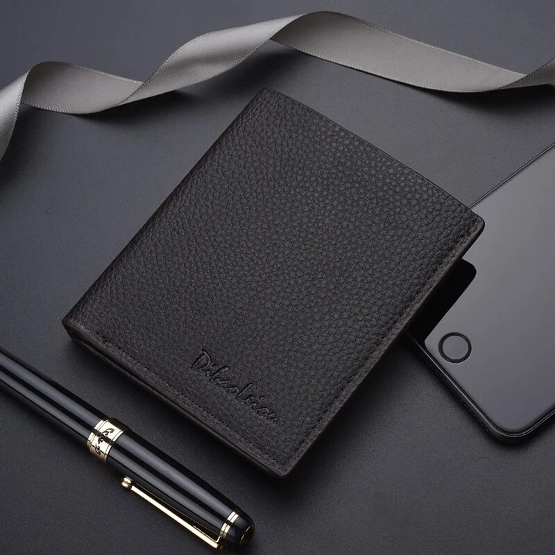 Men Short Purse Lychee Print English Casual Style Zipper Credit Card Wallet: Dark Grey