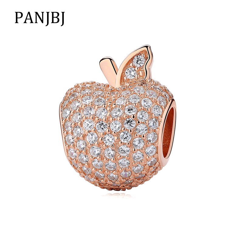 925 Sterling Silver Rose Gold Color & Clear CZ Apple Bead Pendant Charms Fit Bracelets & Bangles DIY Jewelry