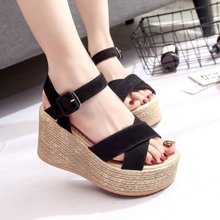COWCOM femmes sandales Roman poisson bouche boucle Muffin couleur unie chaussures pour femmes tache mixte plate-forme haute Super HYKL-K-13