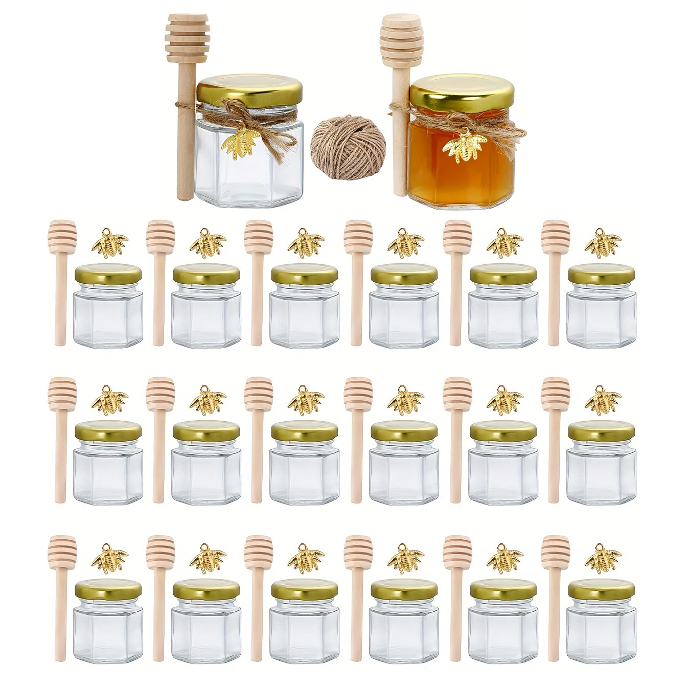 20 Stück 1,5 Unzen kleine Honiggläser aus Glas – Honiggläser aus Glas mit goldenen Deckeln, hölzernen Löchern, Bienenanhängern und Juten für Höhle St. Patrick's Tag: dunkel khaki