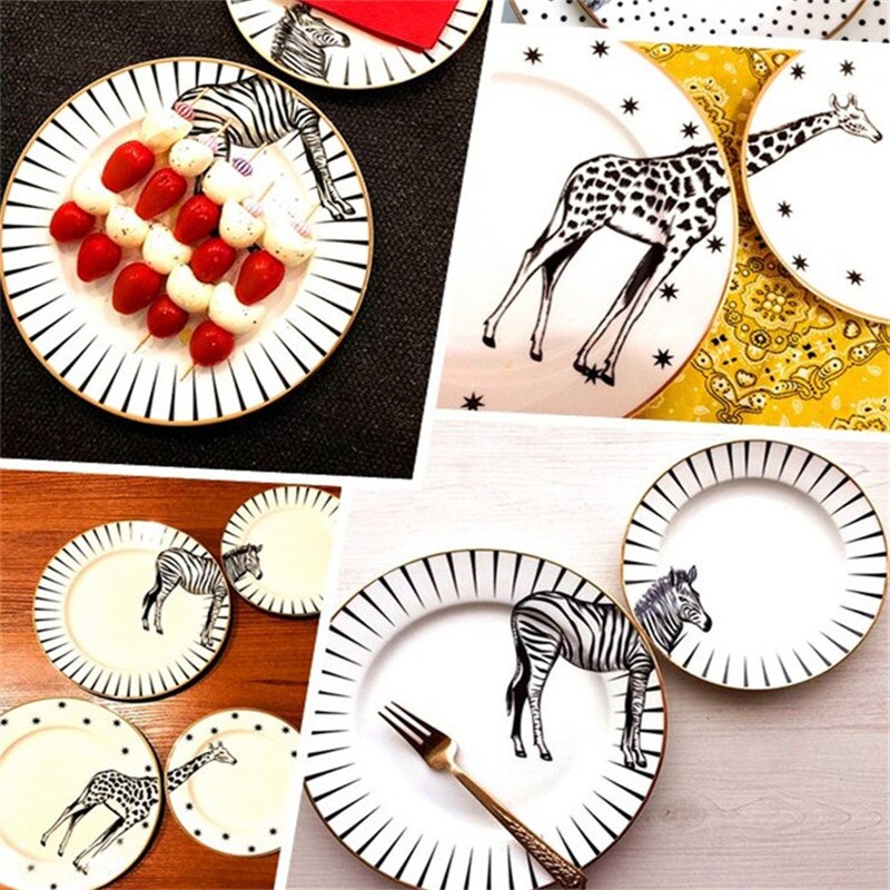 2 Pcs 6&8 Inch Animal Combined Plates Set Ceramic Plates Fox Elk Giraffe Zebra Pattern Plates Steak Breakfast Cake Fruits Dish
