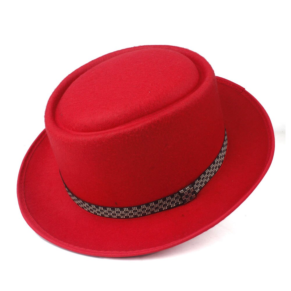 Men's Women's Pork Pie Hat Wool Flat Fedora Hat Pop Jazz Church Hat Size 58CM: Red