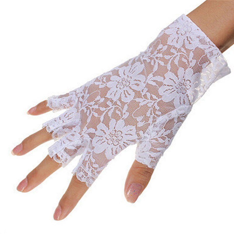 Fru sorte og hvide halvblonde handsker fingerløse blonder dekorationshandsker: Hvid