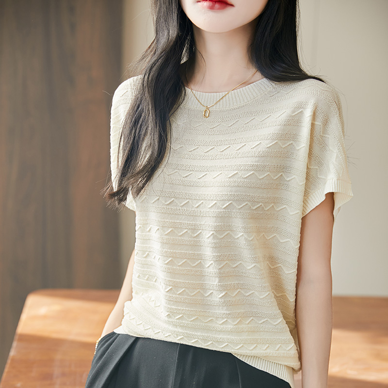 Summer women's T-shirt Lyocell knitted short sleeved casual striped Tees loose round neck Tops Blouse